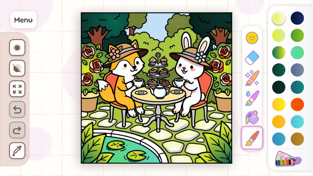 Coloring a fox and rabbit at a garden tea party