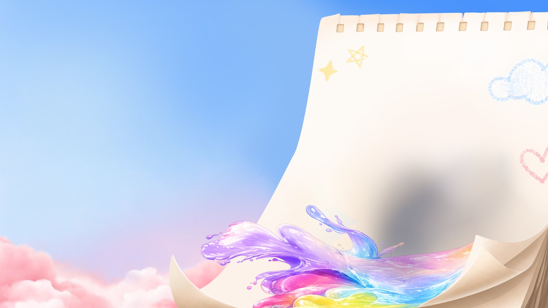 Dreamy sky with a sketchbook page and a rainbow paint splash